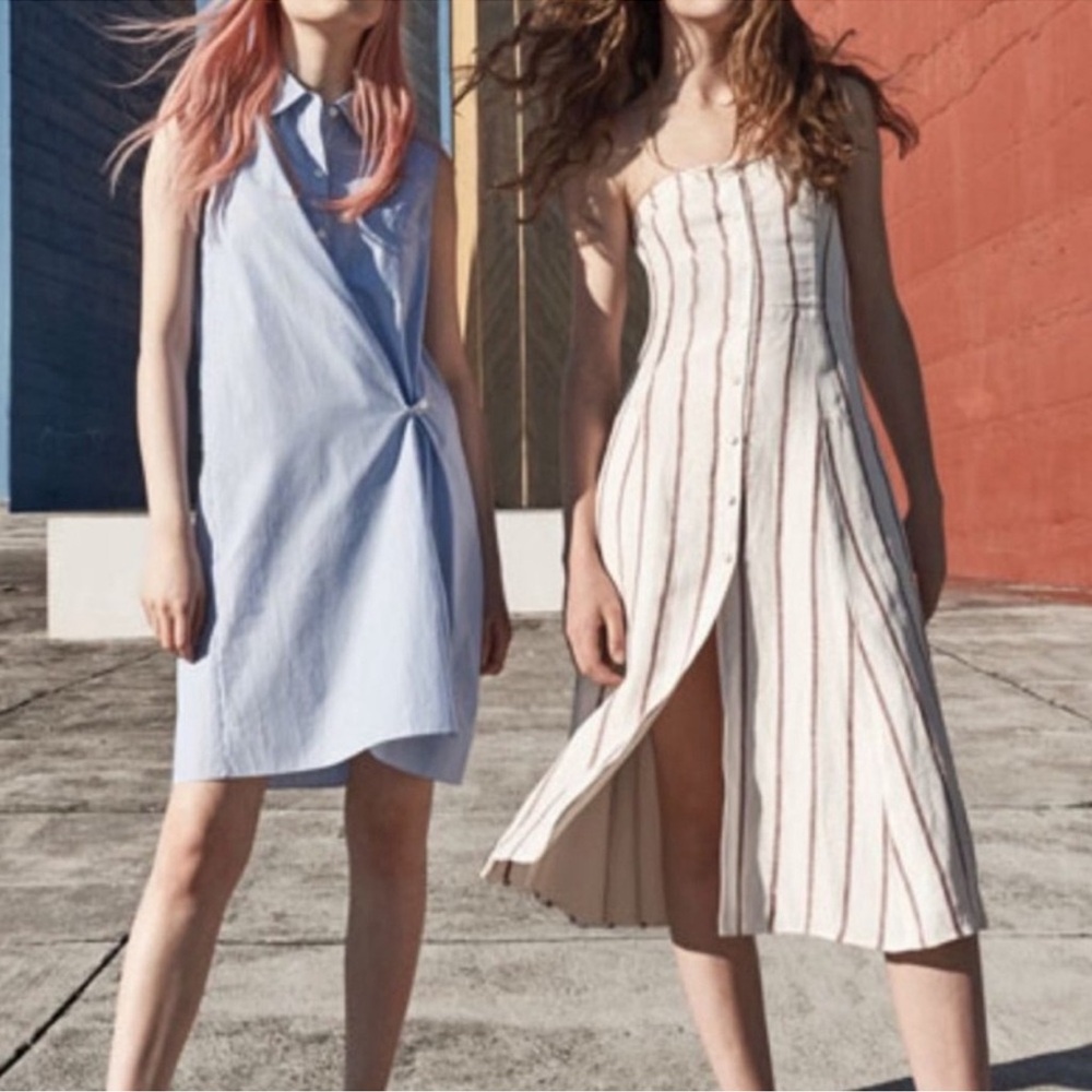 Theory Blue Lenmana Striped Sleeveless Button Down Shirt Dress Classic Sz 4